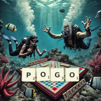 Creative illustration for a Scrabble game with the word POGO spelled out in tiles on the board.