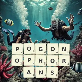Creative illustration for a Scrabble game with the word POGONOPHORANS spelled out in tiles on the board.