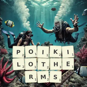 Creative illustration for a Scrabble game with the word POIKILOTHERMS spelled out in tiles on the board.