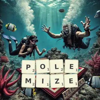 Creative illustration for a Scrabble game with the word POLEMIZE spelled out in tiles on the board.