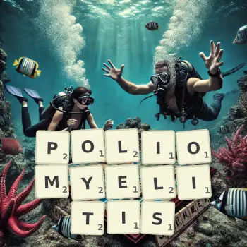 Creative illustration for a Scrabble game with the word POLIOMYELITIS spelled out in tiles on the board.