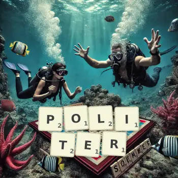 Creative illustration for a Scrabble game with the word POLITER spelled out in tiles on the board.