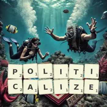 Creative illustration for a Scrabble game with the word POLITICALIZE spelled out in tiles on the board.