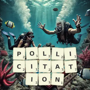 Creative illustration for a Scrabble game with the word POLLICITATION spelled out in tiles on the board.