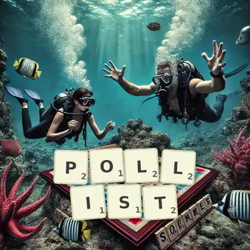 Creative illustration for a Scrabble game with the word POLLIST spelled out in tiles on the board.