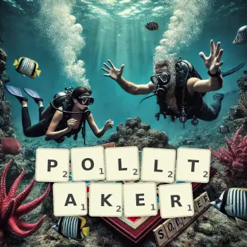 Creative illustration for a Scrabble game with the word POLLTAKER spelled out in tiles on the board.