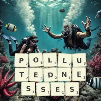 Creative illustration for a Scrabble game with the word POLLUTEDNESSES spelled out in tiles on the board.