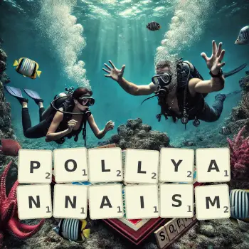 Creative illustration for a Scrabble game with the word POLLYANNAISM spelled out in tiles on the board.