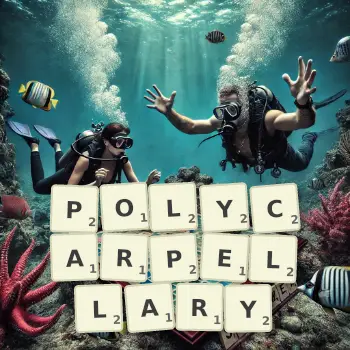 Creative illustration for a Scrabble game with the word POLYCARPELLARY spelled out in tiles on the board.