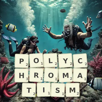 Creative illustration for a Scrabble game with the word POLYCHROMATISM spelled out in tiles on the board.