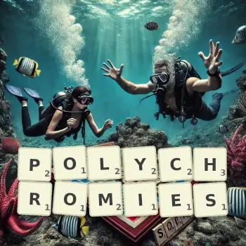 Creative illustration for a Scrabble game with the word POLYCHROMIES spelled out in tiles on the board.