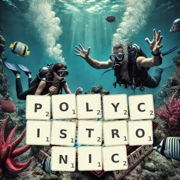 Creative illustration for a Scrabble game with the word POLYCISTRONIC spelled out in tiles on the board.