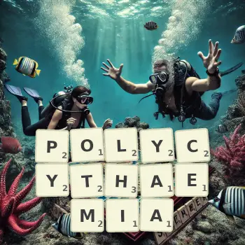 Creative illustration for a Scrabble game with the word POLYCYTHAEMIA spelled out in tiles on the board.