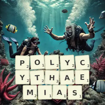 Creative illustration for a Scrabble game with the word POLYCYTHAEMIAS spelled out in tiles on the board.