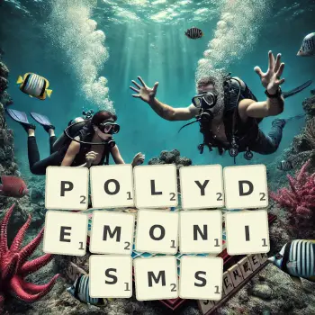 Creative illustration for a Scrabble game with the word POLYDEMONISMS spelled out in tiles on the board.
