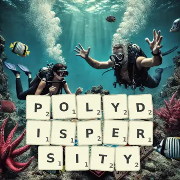 Creative illustration for a Scrabble game with the word POLYDISPERSITY spelled out in tiles on the board.
