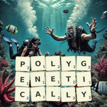 Creative illustration for a Scrabble game with the word POLYGENETICALLY spelled out in tiles on the board.