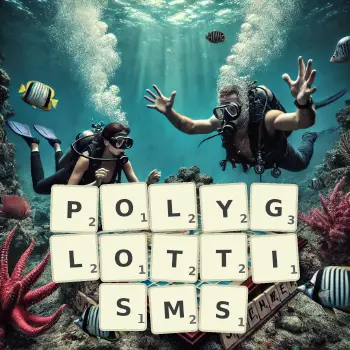 Creative illustration for a Scrabble game with the word POLYGLOTTISMS spelled out in tiles on the board.