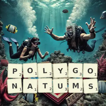 Creative illustration for a Scrabble game with the word POLYGONATUMS spelled out in tiles on the board.