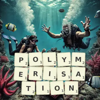 Creative illustration for a Scrabble game with the word POLYMERISATION spelled out in tiles on the board.