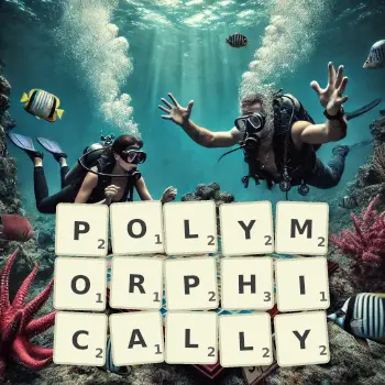 Creative illustration for a Scrabble game with the word POLYMORPHICALLY spelled out in tiles on the board.