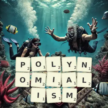 Creative illustration for a Scrabble game with the word POLYNOMIALISM spelled out in tiles on the board.