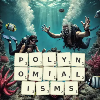 Creative illustration for a Scrabble game with the word POLYNOMIALISMS spelled out in tiles on the board.