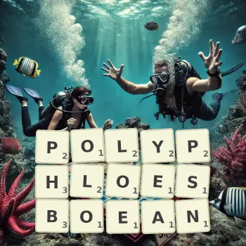 Creative illustration for a Scrabble game with the word POLYPHLOESBOEAN spelled out in tiles on the board.