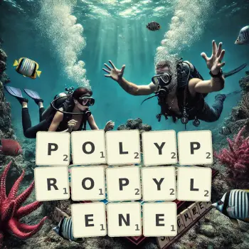 Creative illustration for a Scrabble game with the word POLYPROPYLENE spelled out in tiles on the board.