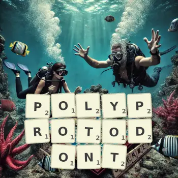 Creative illustration for a Scrabble game with the word POLYPROTODONT spelled out in tiles on the board.