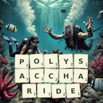Creative illustration for a Scrabble game with the word POLYSACCHARIDE spelled out in tiles on the board.