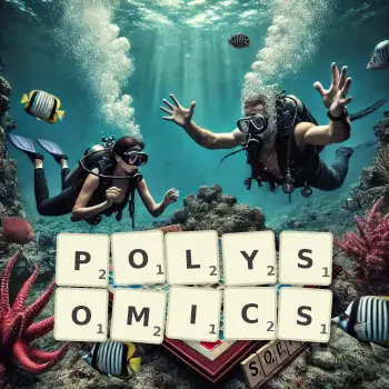 Creative illustration for a Scrabble game with the word POLYSOMICS spelled out in tiles on the board.