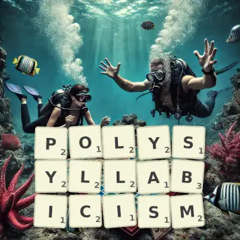 Creative illustration for a Scrabble game with the word POLYSYLLABICISM spelled out in tiles on the board.