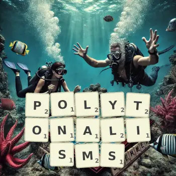 Creative illustration for a Scrabble game with the word POLYTONALISMS spelled out in tiles on the board.