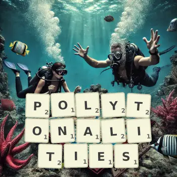 Creative illustration for a Scrabble game with the word POLYTONALITIES spelled out in tiles on the board.