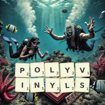 Creative illustration for a Scrabble game with the word POLYVINYLS spelled out in tiles on the board.