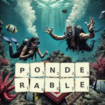 Creative illustration for a Scrabble game with the word PONDERABLE spelled out in tiles on the board.