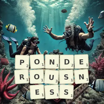 Creative illustration for a Scrabble game with the word PONDEROUSNESS spelled out in tiles on the board.