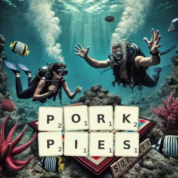 Creative illustration for a Scrabble game with the word PORKPIES spelled out in tiles on the board.