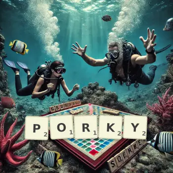 Creative illustration for a Scrabble game with the word PORKY spelled out in tiles on the board.