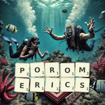 Creative illustration for a Scrabble game with the word POROMERICS spelled out in tiles on the board.