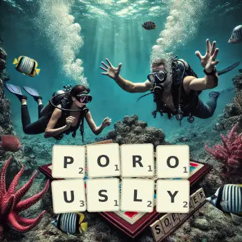 Creative illustration for a Scrabble game with the word POROUSLY spelled out in tiles on the board.