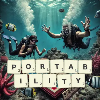 Creative illustration for a Scrabble game with the word PORTABILITY spelled out in tiles on the board.