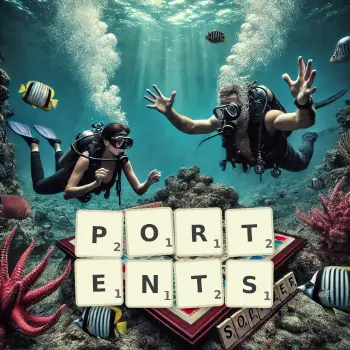 Creative illustration for a Scrabble game with the word PORTENTS spelled out in tiles on the board.