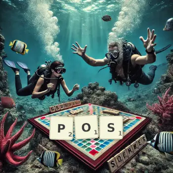 Creative illustration for a Scrabble game with the word POS spelled out in tiles on the board.
