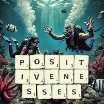 Creative illustration for a Scrabble game with the word POSITIVENESSES spelled out in tiles on the board.