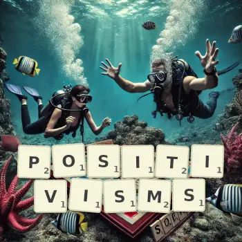 Creative illustration for a Scrabble game with the word POSITIVISMS spelled out in tiles on the board.