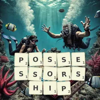 Creative illustration for a Scrabble game with the word POSSESSORSHIP spelled out in tiles on the board.