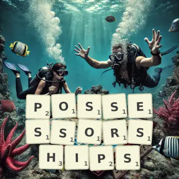 Creative illustration for a Scrabble game with the word POSSESSORSHIPS spelled out in tiles on the board.