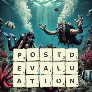 Creative illustration for a Scrabble game with the word POSTDEVALUATION spelled out in tiles on the board.